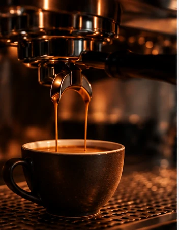 Fresh espresso being pulled into a dark cup