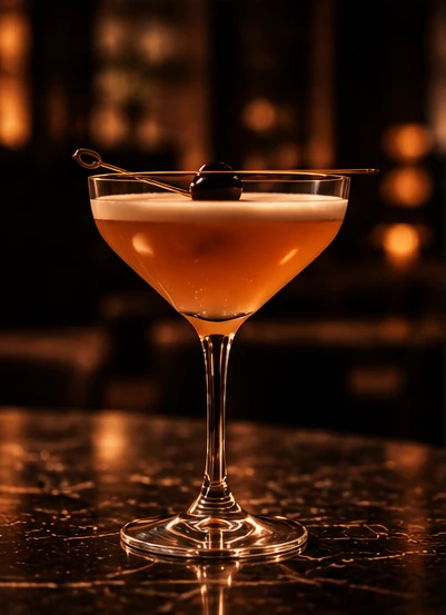 A cocktail in a coupe glass with a cherry garnish