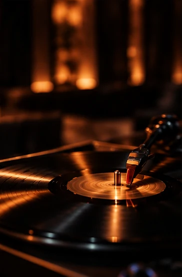 Vinyl record spinning under amber light