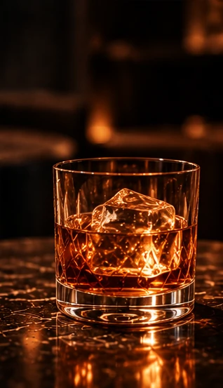 Amber drink with a large ice cube catching the light